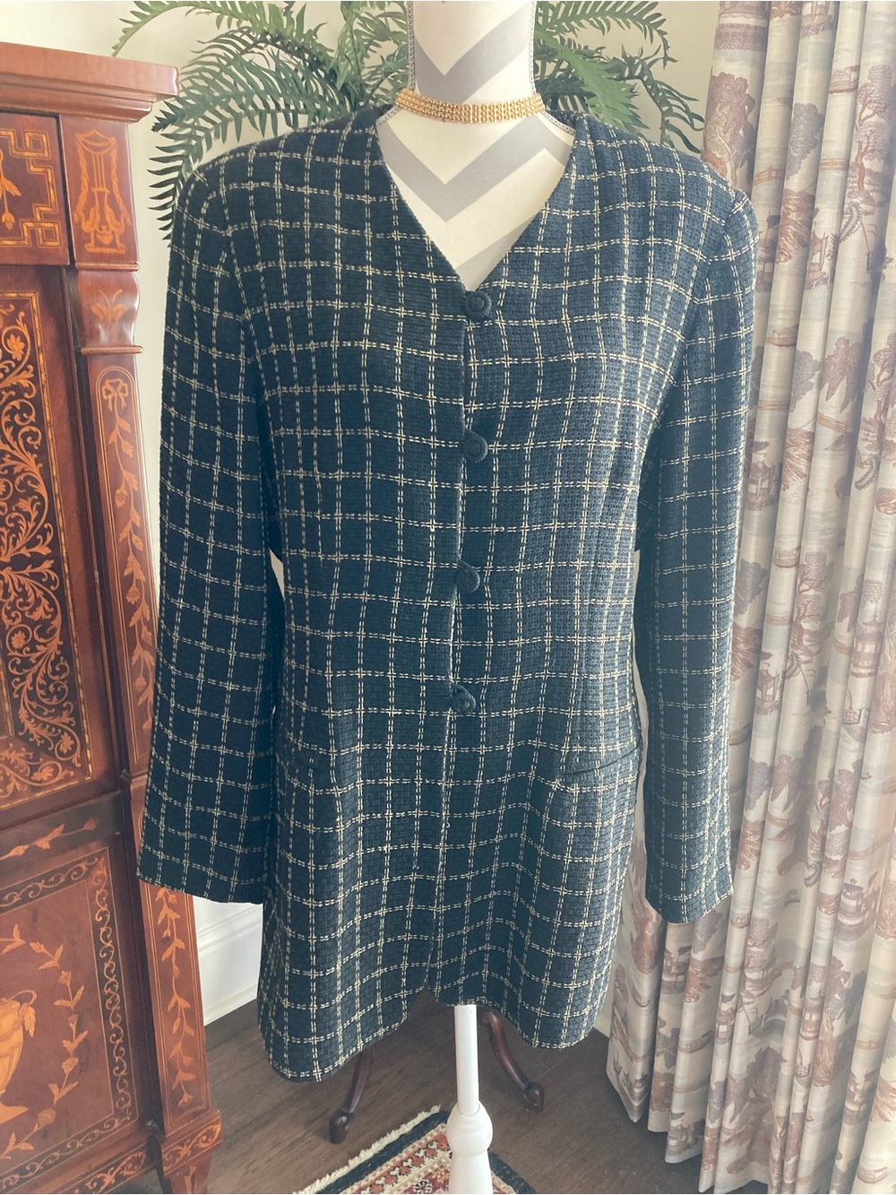 Women's Dana Buchman Black Beige Plaid Button Front Lined Jacket Sz 14